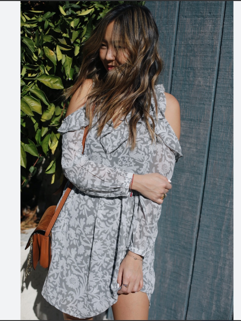 Lucky Brand Mesh Gray Floral Print Boho Cold-Shoulder Women's Flowy Mini Dress - Picture 10 of 10